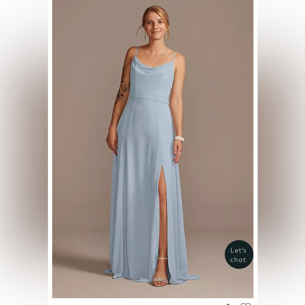 David’s Bridal Dusty Blue Chiffon Cowl Neck Bridesmaids Dress Gown with Slit